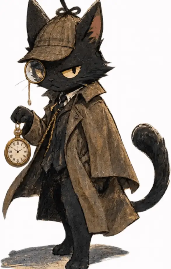 Nyarc the cat detective standing with a pocket watch